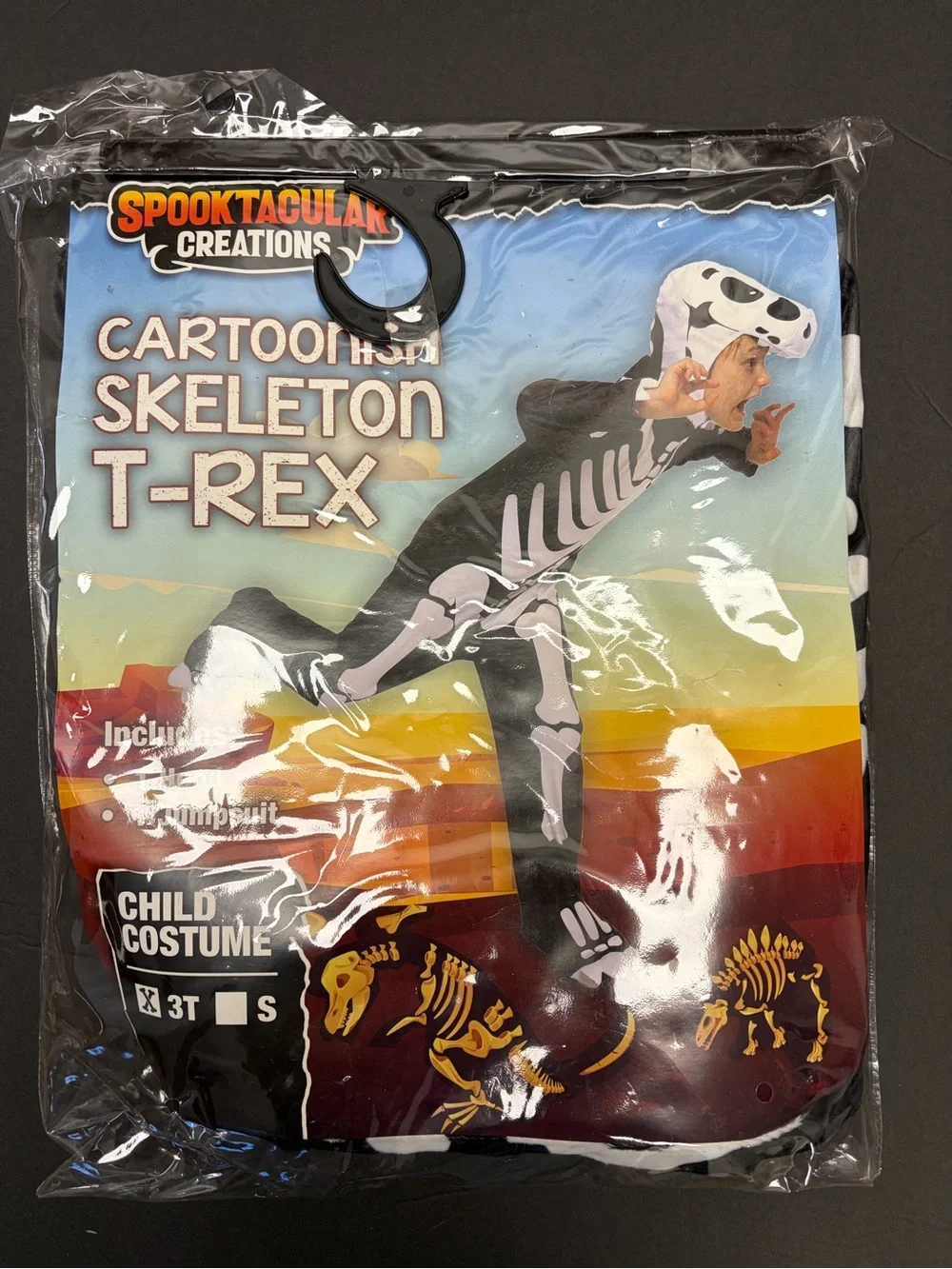 Kids Cartoon Skeleton T-Rex Costume - Black & White